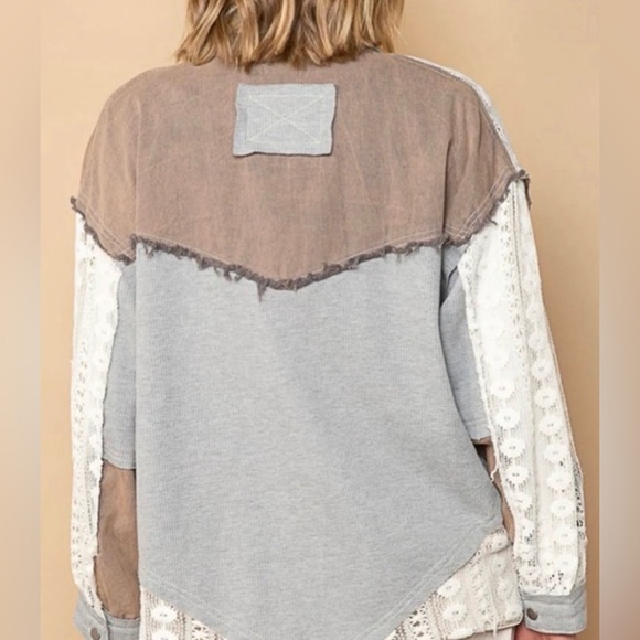 POL Oversized Contrast Lace Crochet Button Down Shirt Women’s Boho Casual Top - Picture 3 of 6